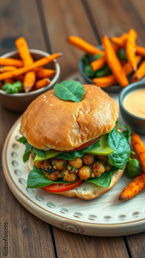 Chickpea and spinach burger on a bun with lettuce, tomato, and avocado, alongside sweet potato fries.